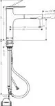 Hansgrohe Spültischmischer mit Ausziehbrause, Zeichnung zeigt Maße, Anschlüsse und Montageanleitung. Technische Details als linierte Darstellung aufgeführt.